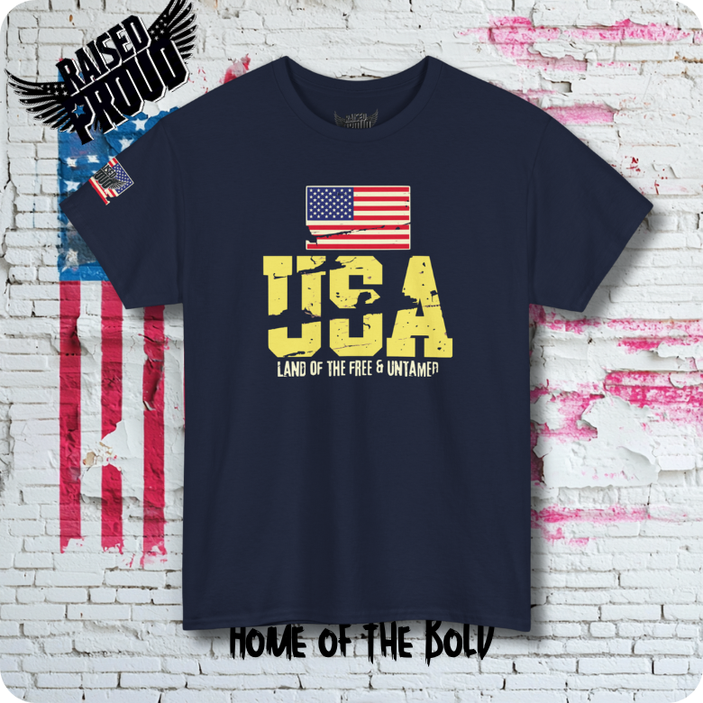 USA Land of the Free & Untamed – Black & gold Patriotic T-Shirt
