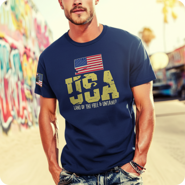 USA Land of the Free & Untamed – Black & gold Patriotic T-Shirt